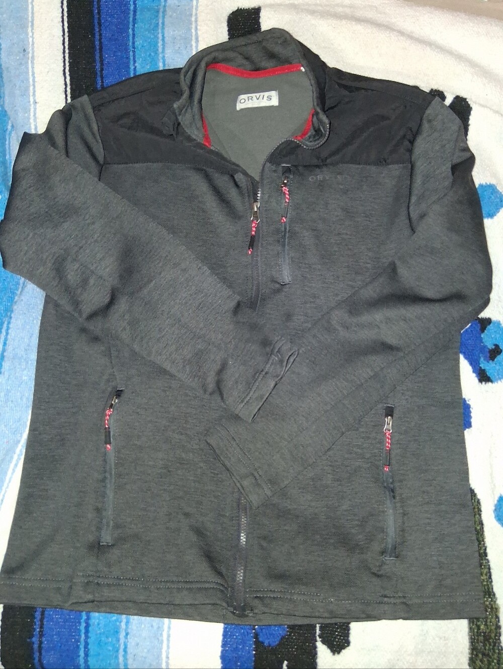 Orvis Men's Charcoal Gray Zip-Up Sweater with Black Yoke and Red Trim